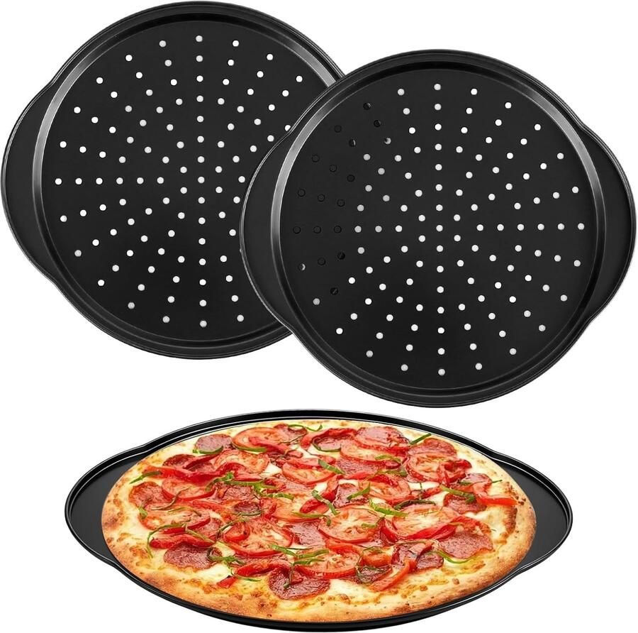 Set van 3 Stuks 12 Inch Perforated Pizza Pannen met Handvatten Ideaal voor Ovengebruik en Perfect voor Knapperige Pizza's