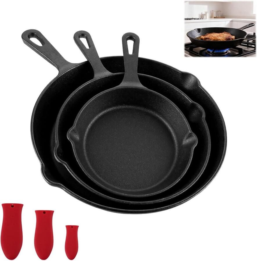 Set van 3 Stuks Gietijzeren Pan Set 16 20 25 cm Koekenpannen met Siliconen Handgreep voor Bakken Braden Keuken Oven Fornuis Normaal Gebruik