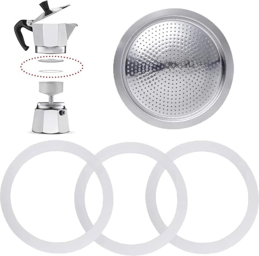 Espresso machine accessoires set 3-delige silicone afdichtring voor 6 kopjes vervangende afdichtingen en aluminium filter voor optimale koffie-extractie