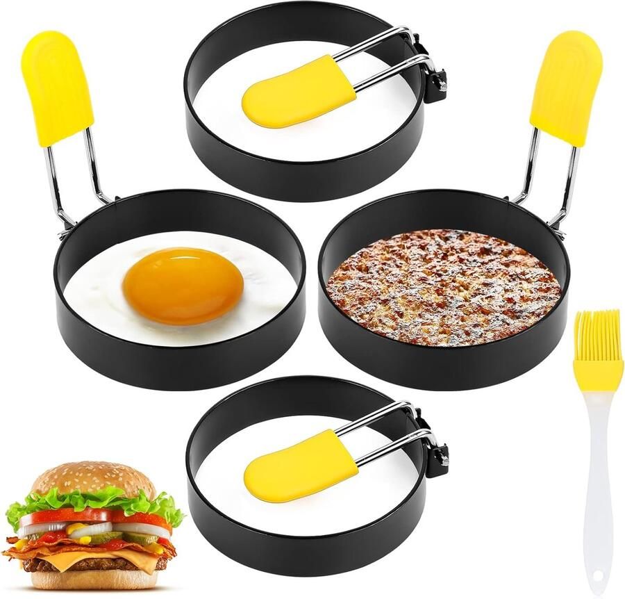 Set van 4 antiaanbak stalen eiervormen met handvat rond en plat voor perfecte gebakken eieren