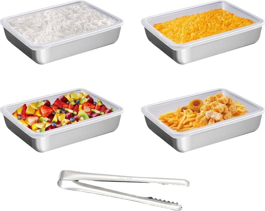 Set van 4 bakplaten met deksel 25 x 20 x 2 cm roestvrijstalen bakplaten voor vlees vis en groenten inclusief voedselclip en ideaal voor oven en grill