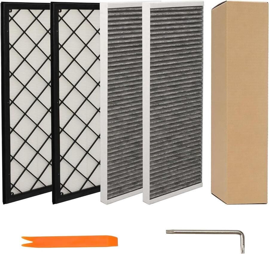 Set van 4 binnenfilters compatibel met Tesla Model Y (2020-2026) en Juniper bestaande uit 2 HEPA-filters en 2 actieve koolfilters met 5-traps filtering en installatiegereedschap
