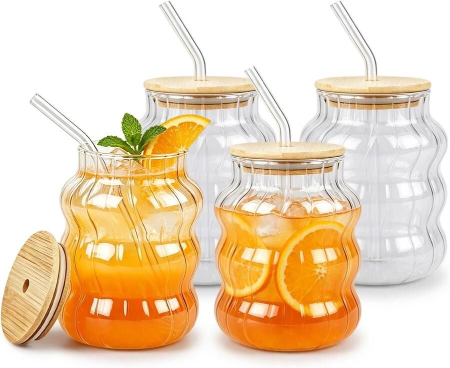 Set van 4 Bubbelglazen met Rietje 650ml Geribbelde Glazen Waterbeker met Bamboe Deksels Ljskoffiebeker Matcha Glazen Koffiekopjes voor Cocktail Sap Ljskoffie Melk Latte Macchiato Bier