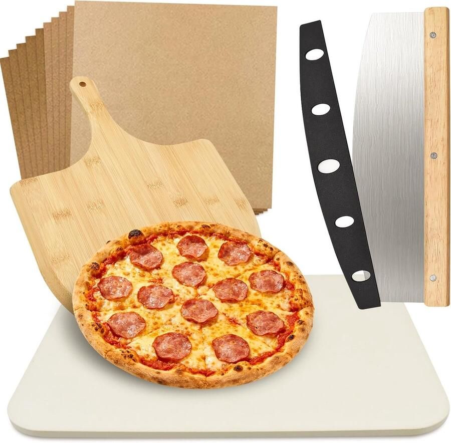 Set van 4 Cordierite Pizzastenen met Bamboo Schep Pizzasnijder en Siliconen Bakpapier Geschikt voor Oven en Gasbarbecue 38 x 30 cm Ideaal voor Perfecte Pizza's en Bakresultaten