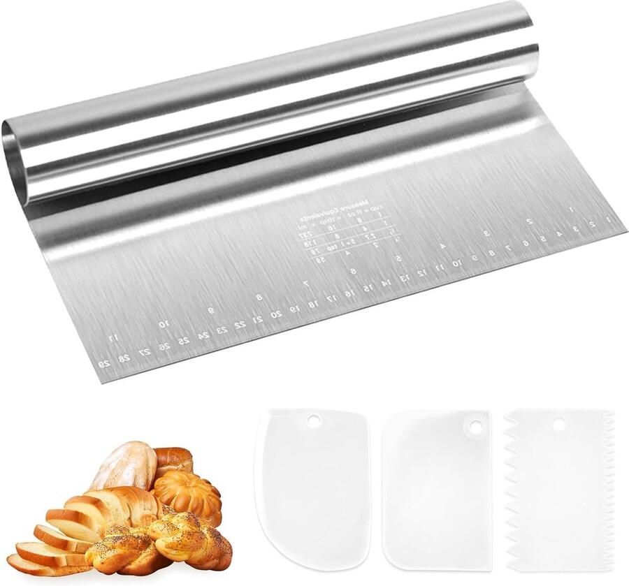 Set van 4 deegkaarten 30 x 12 cm roestvrij staal deegsnijder met meetlat inclusief 3 plastic spatel en deegschraper voor taarten pizza en broodaccessoires