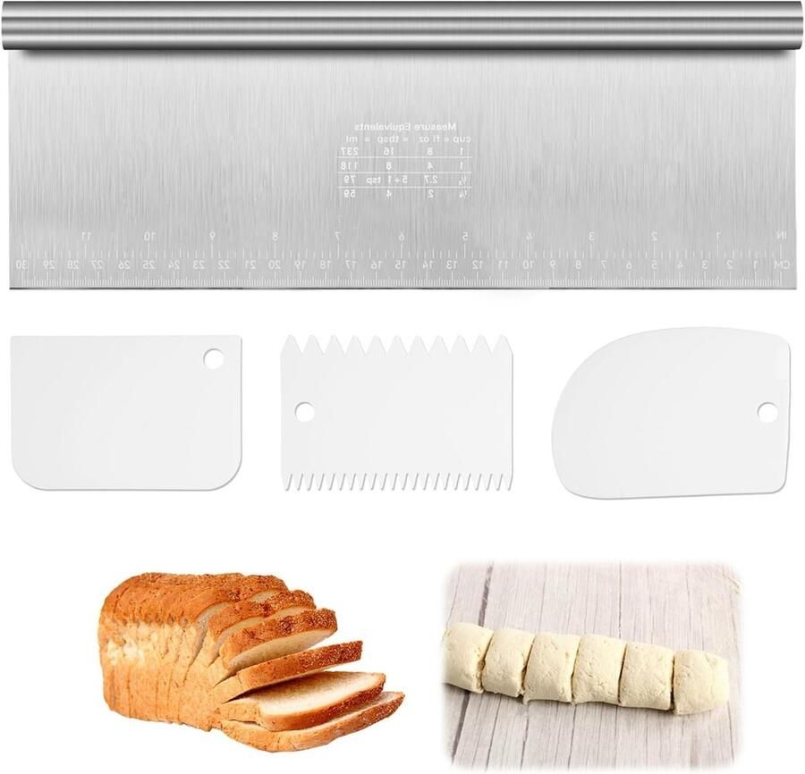 Set van 4 Deegsnijders RVS Deegschraper met Meetlat Grote Spatel en Groentelepel voor Brood Pizza en Taart