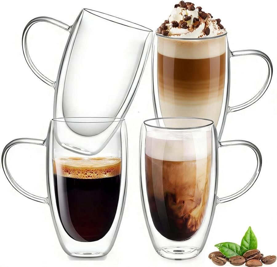 Set van 4 dubbelwandige glazen koffiekopjes 450 ml espressokopjes van transparant glas met handvat koffieservies hittebestendig cadeau-idee latte mokken voor koffiezetapparaat bier