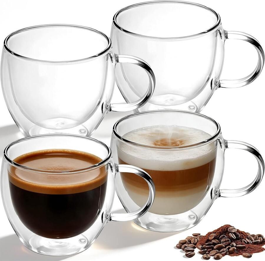 Set van 4 espressokopjes van borosilicaatglas met handvat 80 ml dubbelwandige isolatiebeker voor thee latte cappuccino espresso ijs melk bier