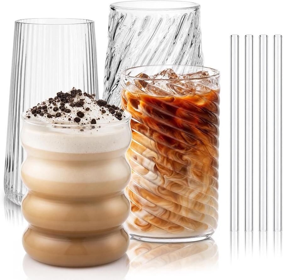 Set van 4 geribbelde drinkglazen 550 ml golvende glazen latte macchiato glazen ijskoffie