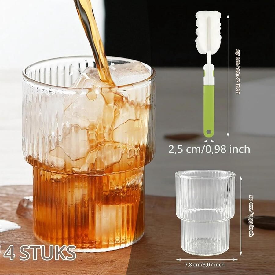 Set van 4 geribbelde glazen koffieglazen 300 ml geribbelde drinkglazen heldere ijskoffiekopjes met sponsborstel stapelbare waterglazen voor cocktails whisky thee frisdrank koffie