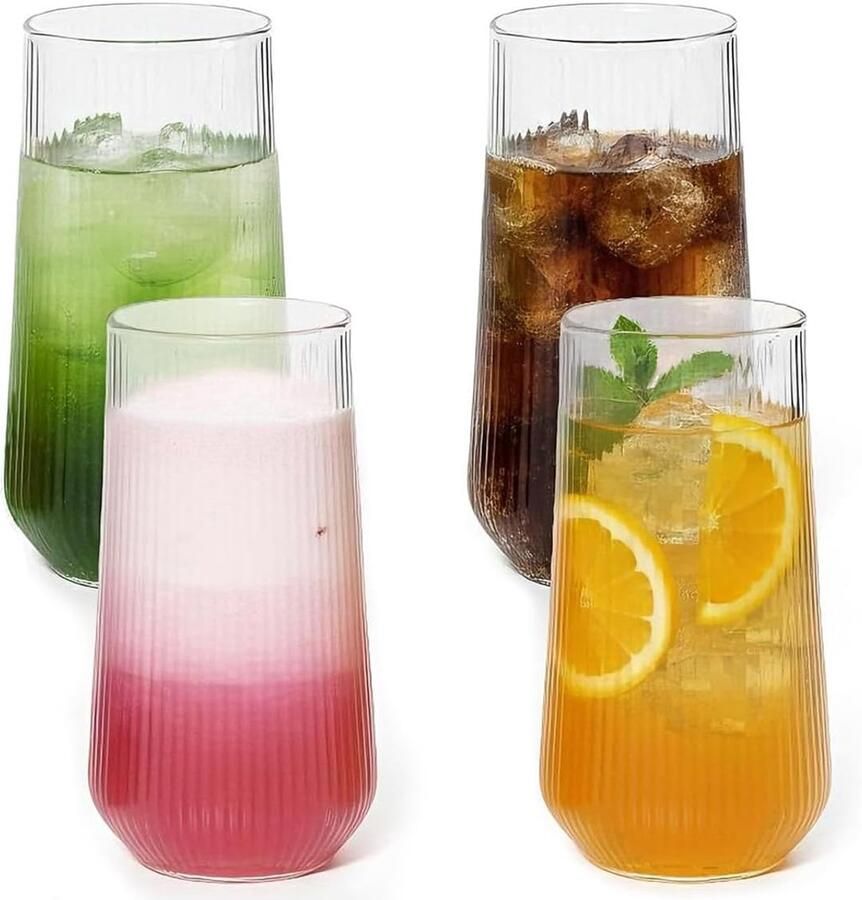 Set van 4 glazen 500 ml matcha-glazen universele glazen waterglazen drinkglazen hoge kwaliteit en elegant Ripple glas voor koude dranken vaatwasmachinebestendig