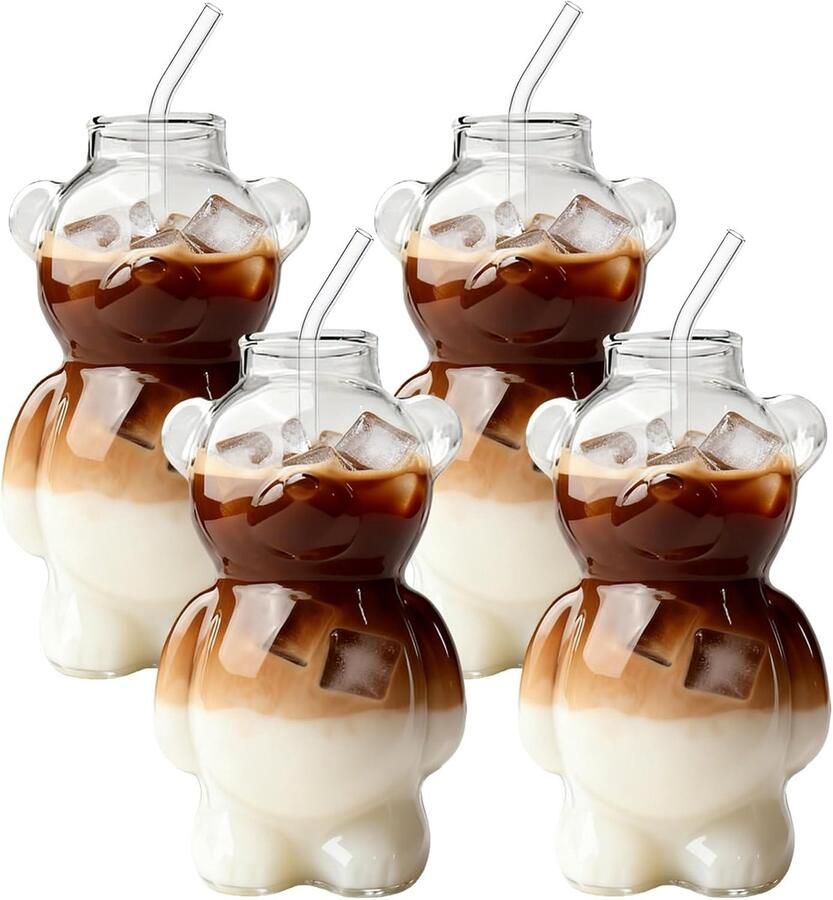 Set van 4 glazen bekers in berenvorm 320 ml unieke beervorm schattige ijskoffiekopjes transparante glazen beker met rietje voor thuisbar keuken restaurant feest duurzaam