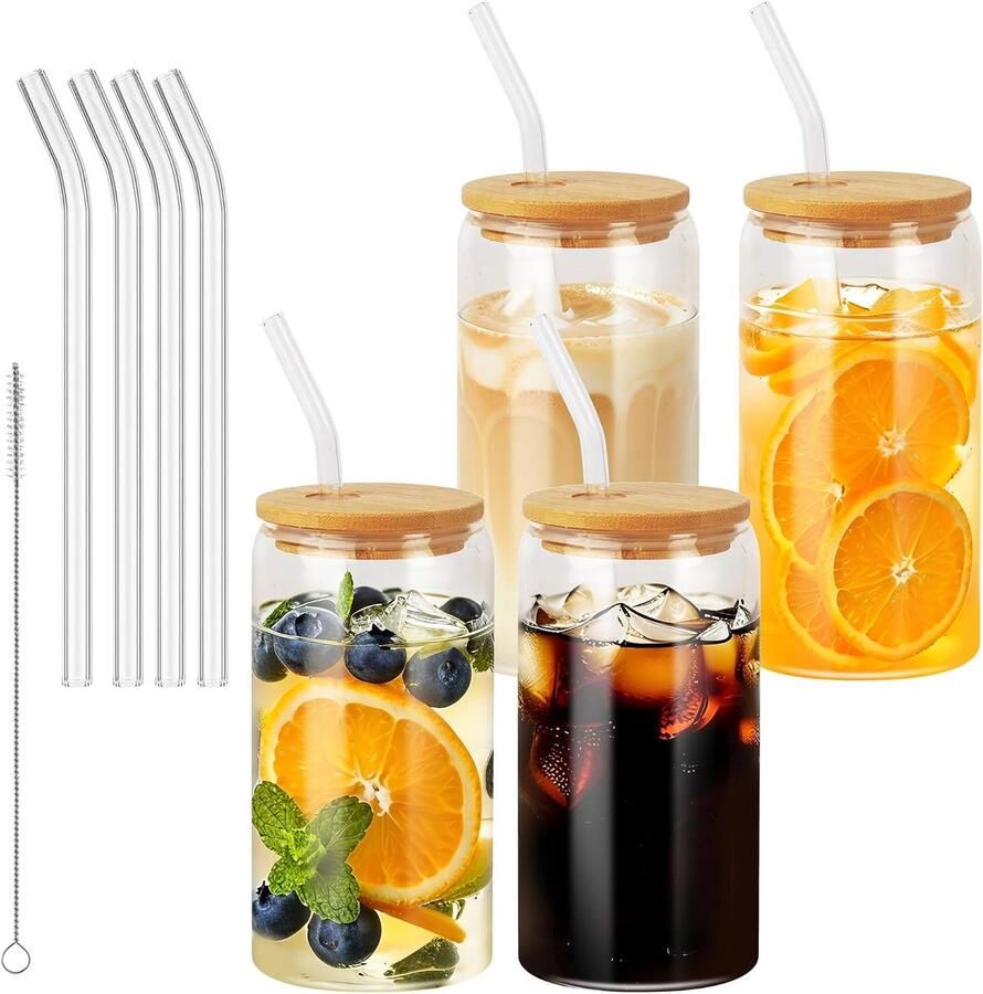 Set van 4 glazen met deksel en rietje 500 ml drinkglazen met deksel cocktailglazen glazenset voor ijskoffieglas cocktails latte smoothie whisky (4 stuks)