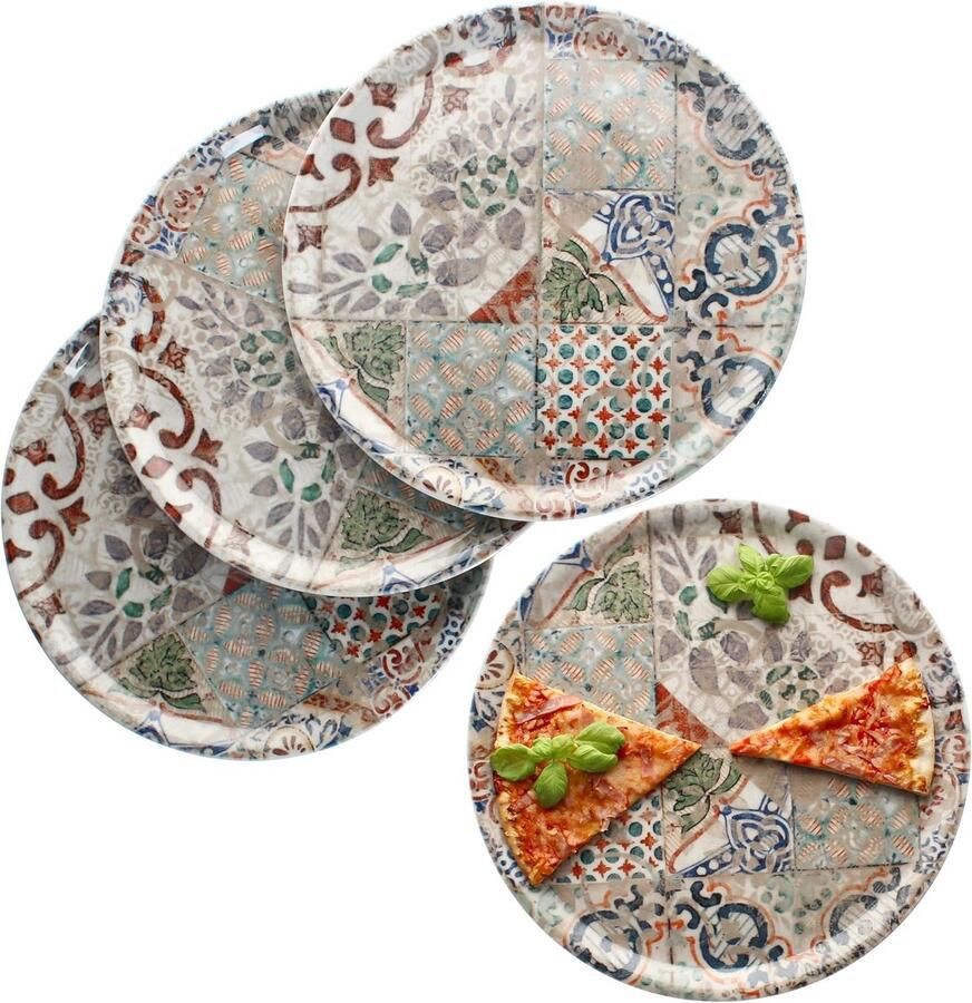 Set van 4 grote pizzaborden Ø 33 cm mediterrane tegellook voor pizza en serveren
