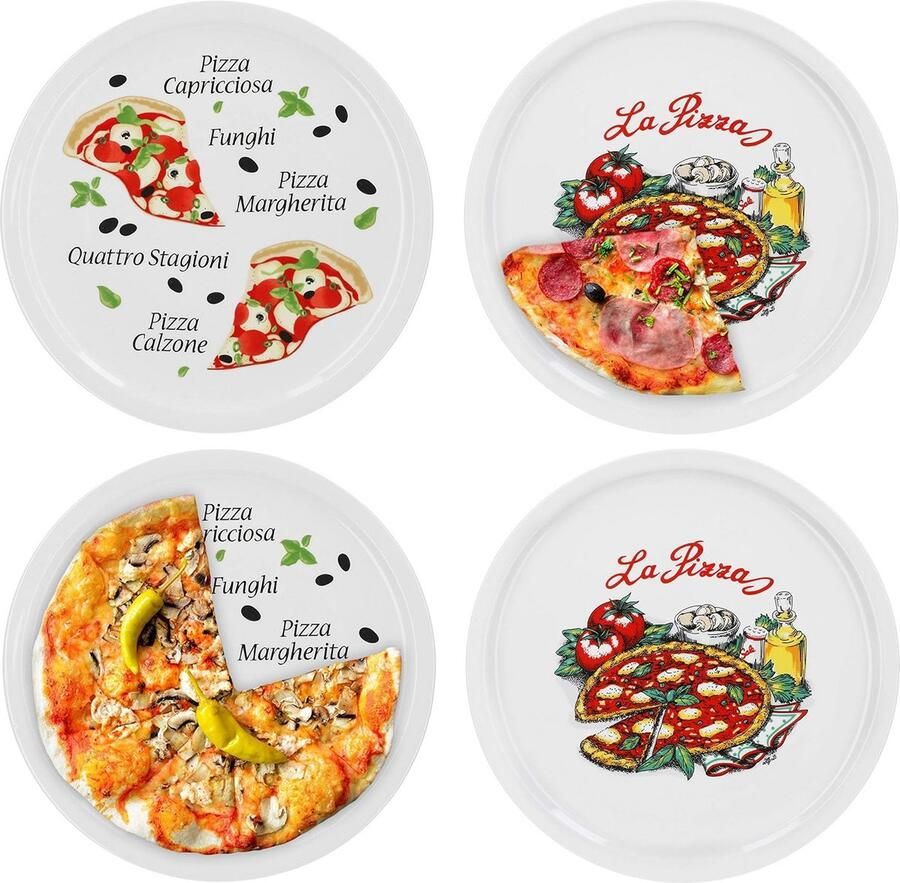 Set van 4 Grote Porseleinen Pizza Borden met Italiaans Motief 30.5 cm
