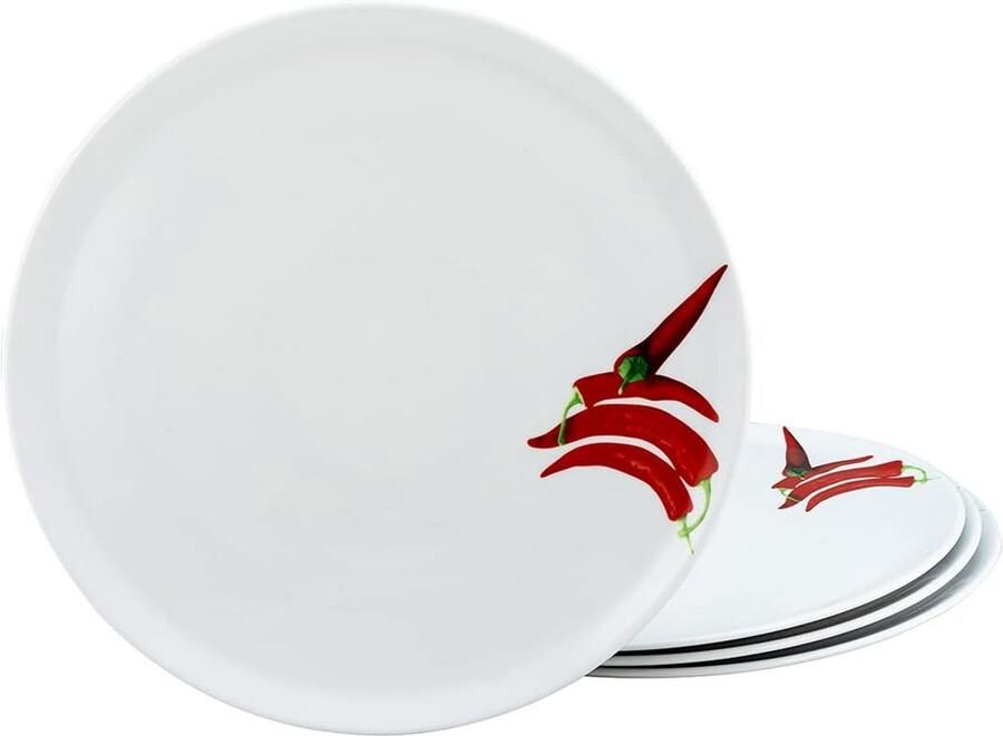 Set van 4 Grote Porseleinen Pizza Borden – Wit met Chili Decoratie