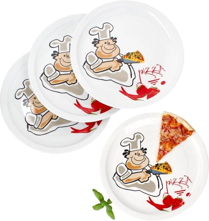 Set van 4 grote XL pizzaborden van porselein 30 5 cm met komische pizzabakker decoratie