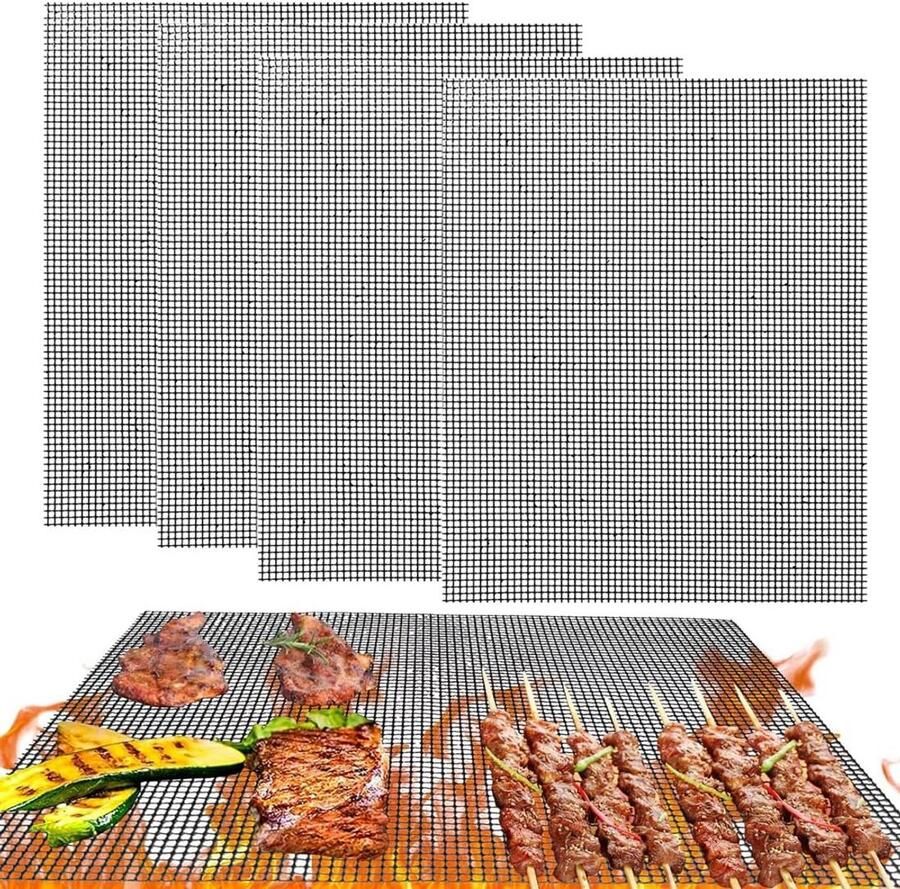 Set van 4 Herbruikbare BBQ Grillmatten Anti-aanbak & Hittebestendig Geschikt voor Airfryer en Barbecue (32 x 22 cm)