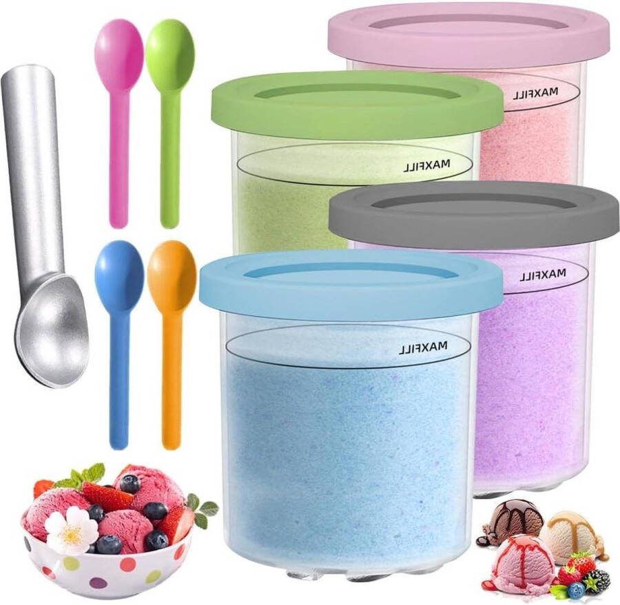 Set van 4 herbruikbare ijshouders voor Ninja Creami ijsmachine met deksel en lepel gelato sorbets genieten