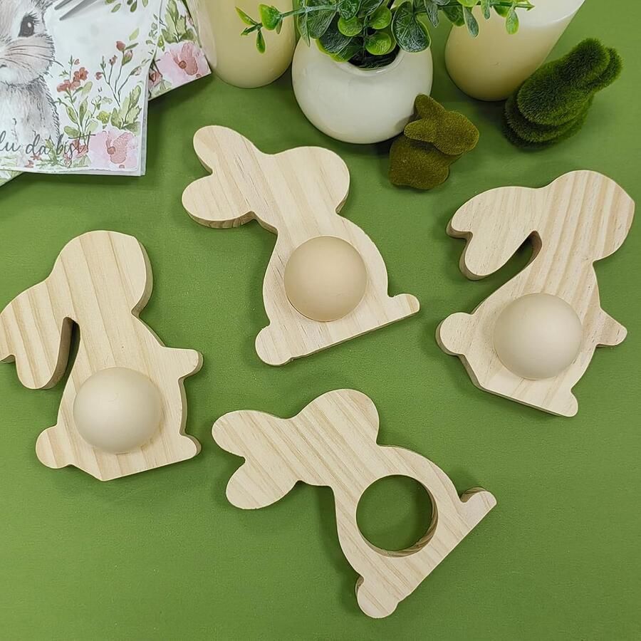 Set van 4 Houten Eierdopjes met Konijnendessin voor Pasen en Brunch