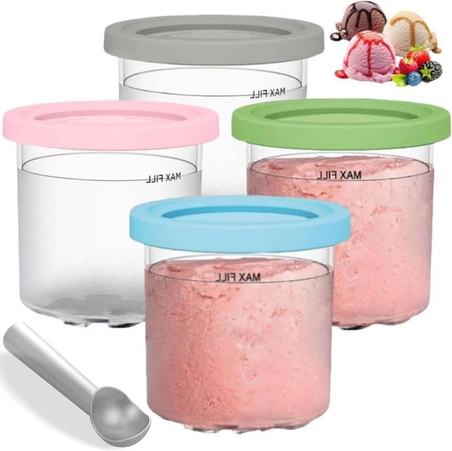 IJshouder geschikt voor Ninja Creami bekers bakjes 4 stuks met deksel geschikt voor NC300 & NC301 serie & NC299AMZ Accessoires BPA-vrij Roze Groen Blauw Grijs