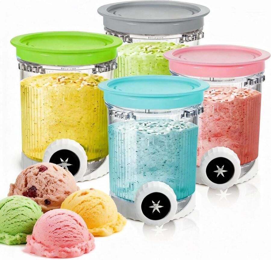 Set van 4 ijsspeldjes voor ijsmachines 16 oz vervangende pintcontainers met gekleurde deksels vaatwasmachinebestendig en perfect voor zelfgemaakt ijs