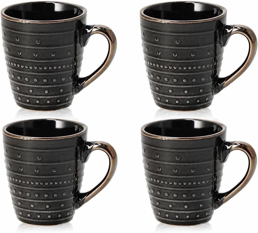 Set van 4 – Keramische Mokken met Oor 200 ml – Zwart Goud – Kopjes voor Koffie Cappuccino Espresso en Thee