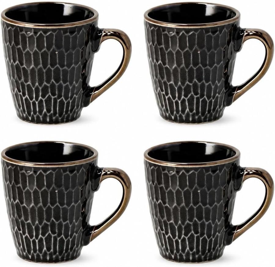Set van 4 – Keramische Mokken met Oor – 200 ml – Zwart Goud – Kopjes voor Koffie Cappuccino Espresso en Thee