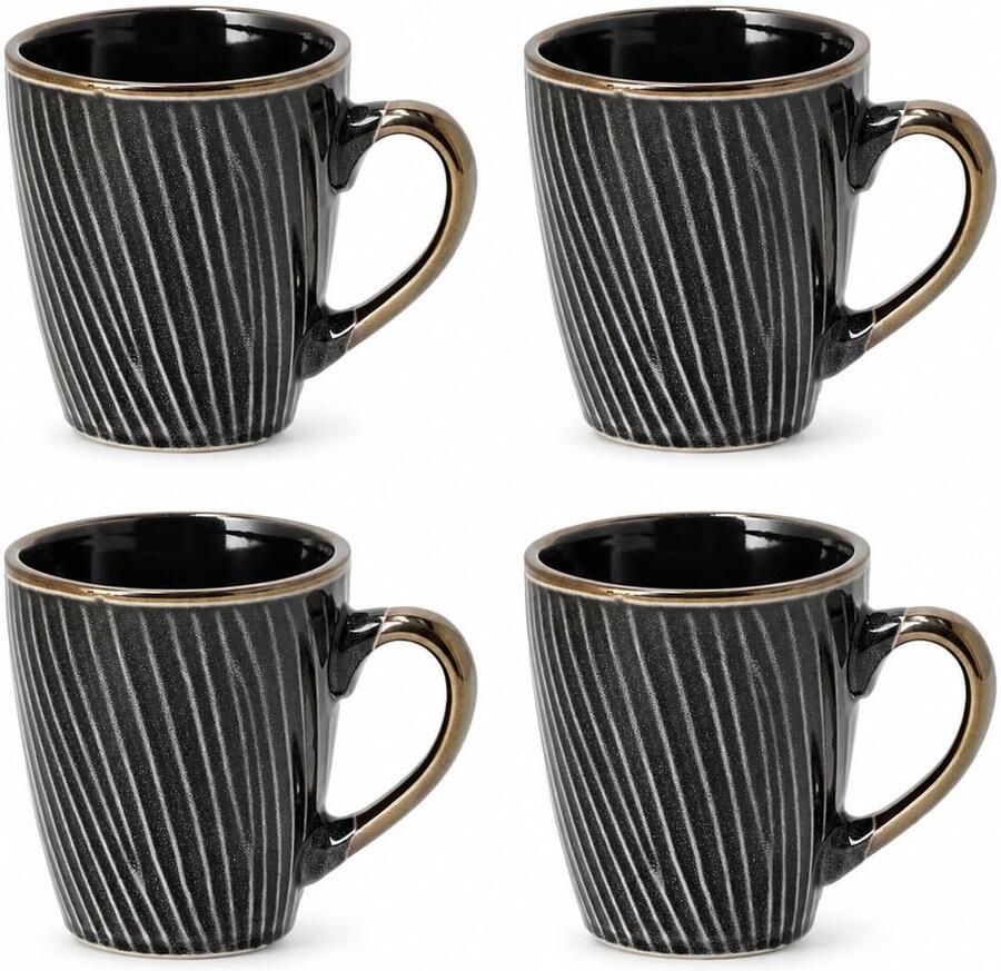 Set van 4 – Keramische Mokken met Oor 200 ml – Zwart Goud – Servies voor Koffie Cappuccino Espresso en Thee