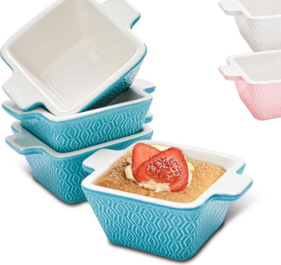 Set van 4 Kleine Braadpan Schalen Handgemaakte Keramische Ramekins voor Ovens Magnetron & Vaatwasser Stapelbaar Ideaal voor Stoofschotels Snacks Dips & Desserts Blauw 10 5 x 10 5 x 6 cm