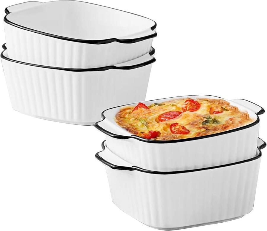 Set van 4 Kleine Keramische Bakschalen met Handvatten Mini Oven Mallen voor Air Fryer Oven Magnetron 14.2 x 12 x 5.3 cm