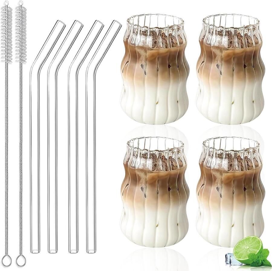 Set van 4 koffieglazen 500 ml met rietje en reinigingsborstels Voor dessert thee sap whisky bier cocktail en ijskoffie