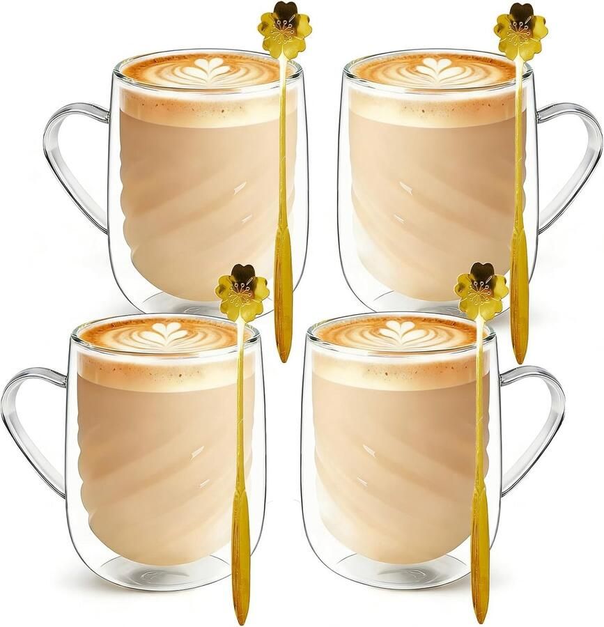 Set van 4 latte macchiatglazen dubbelwandige spiraalvormige koffieglazen van borosilicaatglas isolerende dubbelwandige koffieglazen met handvat voor cappuccino thee espresso melk
