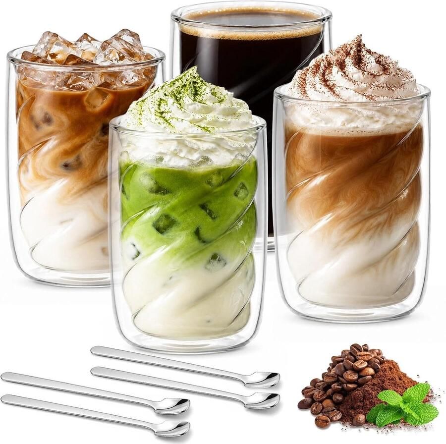 Set van 4 latte macchiato glazen dubbelwandig 330 ml koffieglazen (300 ml