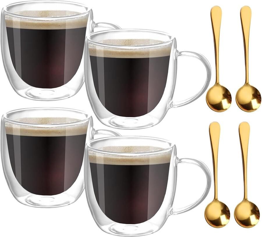 Set van 4 latte macchiato-glazen espressokopjes dubbelwandige glazen kopjes met handvat koffieglazen espressoglazen met 4 lepels koffiekopjes voor cappuccino latte thee melk bier 250