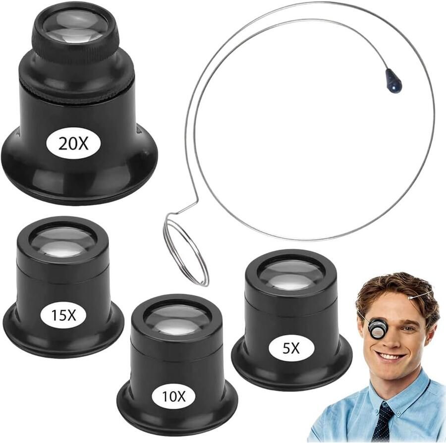 Set van 4 Loepen voor Horlogemakers en Juweliers 5x 10x 15x 20x draagbare loep met stalen ring geschikt voor horloges sieraden munten elektronica compleet set