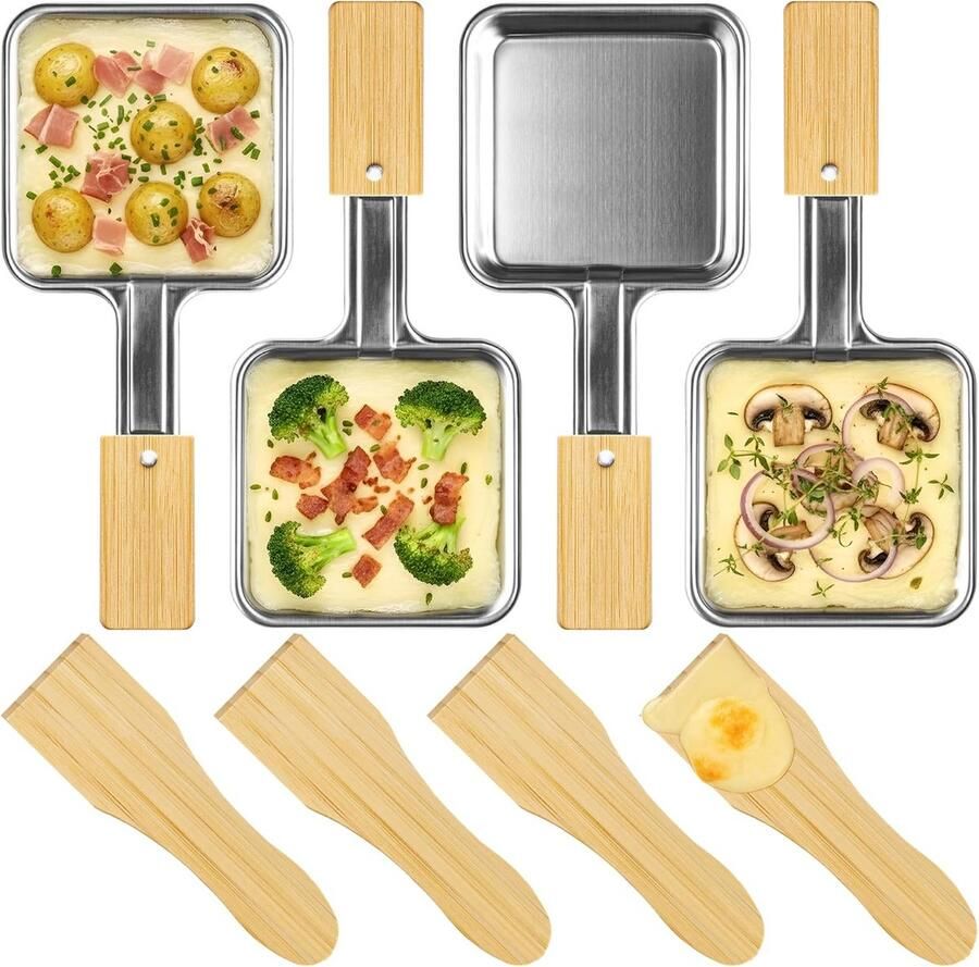 Set van 4 Mini Raclette Pannen met Bamboe Handvat Vierkant Roestvrij Staal