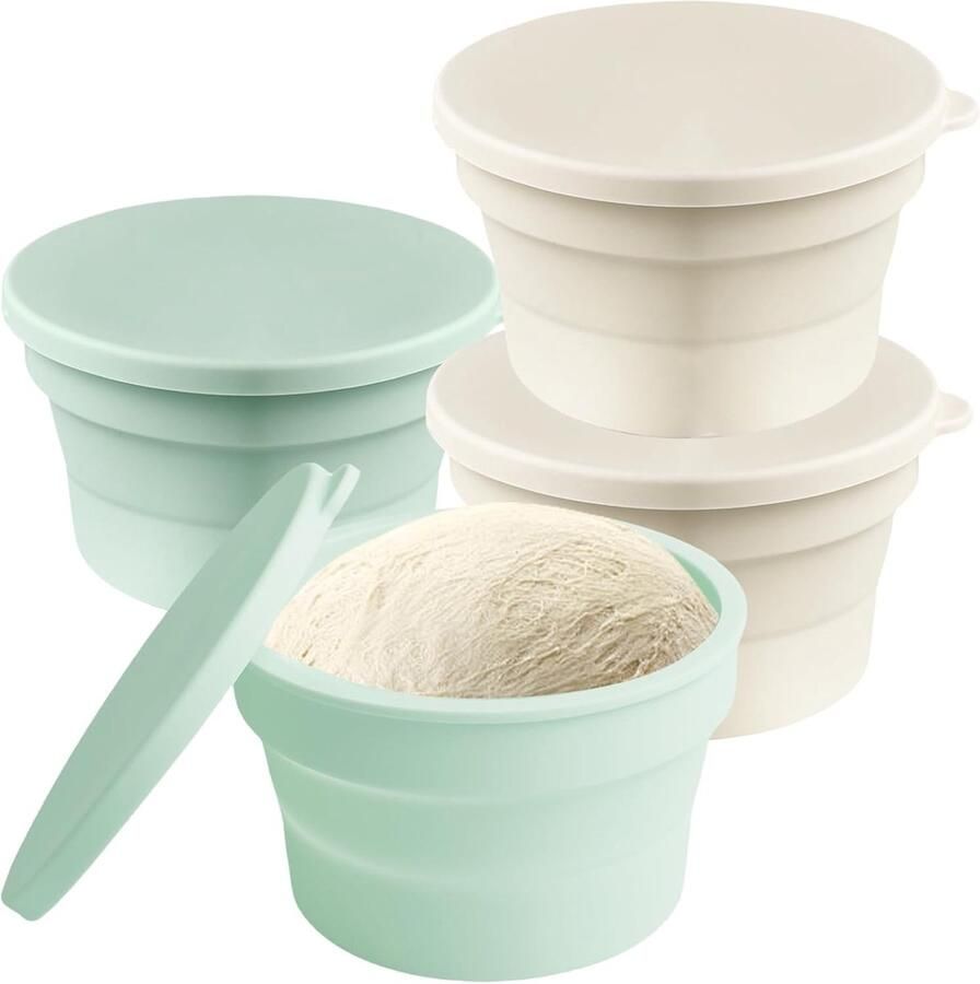 Set van 4 opvouwbare fermentatie- en deegdozen met deksel ideaal voor pizzadeeg voedselopslag en keukenaccessoires van niet-klevend silicone