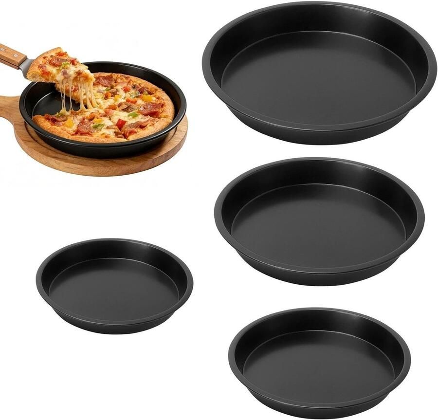Set van 4 Pizzaborden in Maten met Oliekwast Antiaanbaklaag voor Perfecte Pizza's Thuis Ronde Bakvormen voor Knapperige Resultaten Ideaal voor Pizza Accessoires