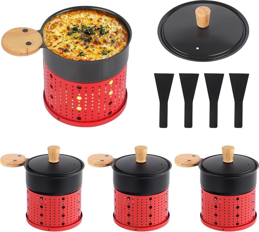 Set van 4 Raclette Pannetjes Rode Compacte Formaat Met Anti-aanbaklaag Voor Tafel Tuin en Kamperen