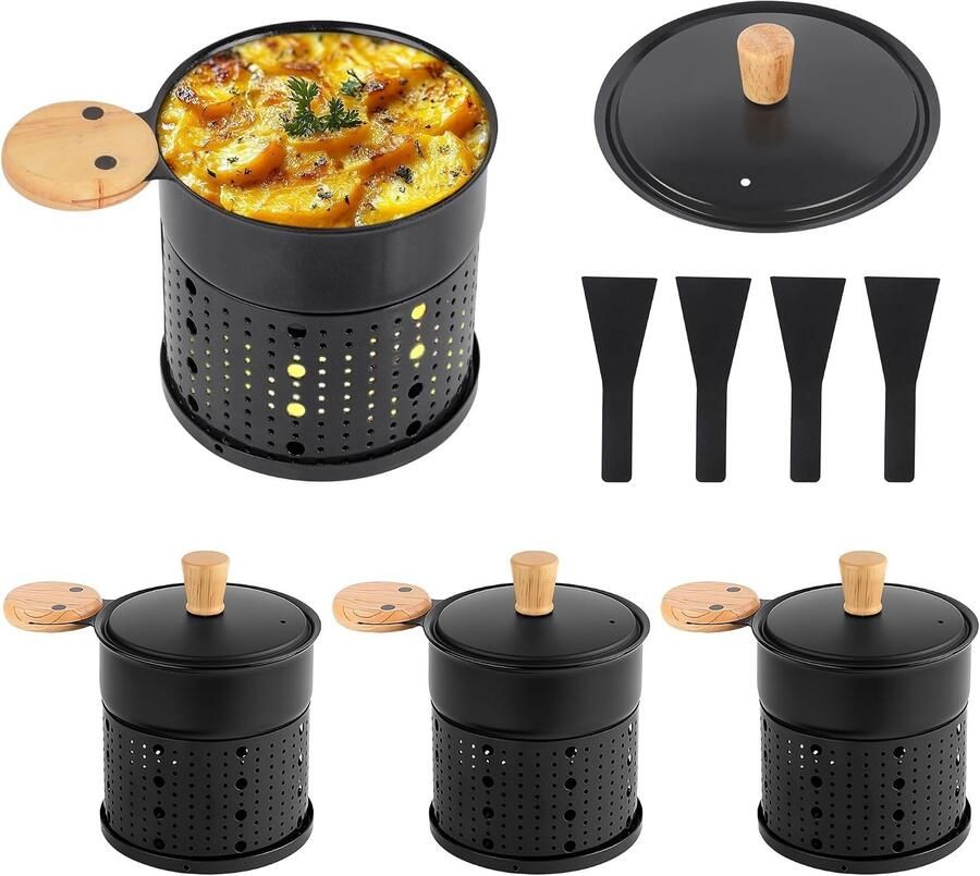 Set van 4 Raclette Pannetjes Zwart Compacte Afmetingen Met Anti-aanbaklaag Voor Gezellige Maaltijden