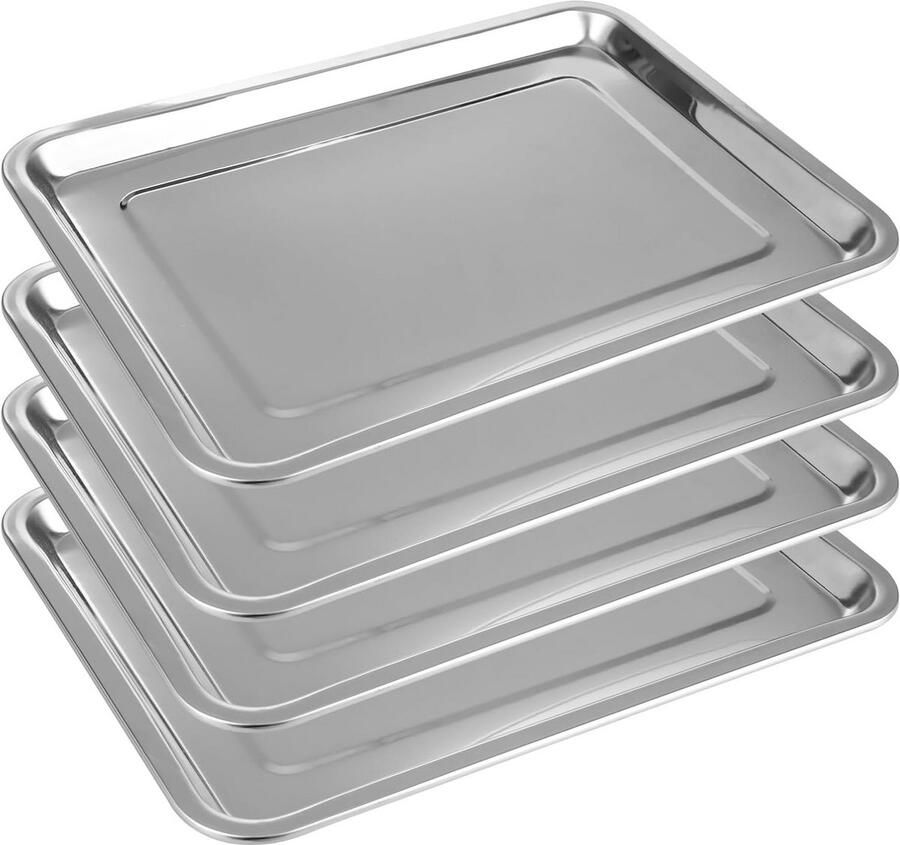 Set van 4 Rechthoekige Bakplaten van Roestvrij Staal voor Oven en Braden