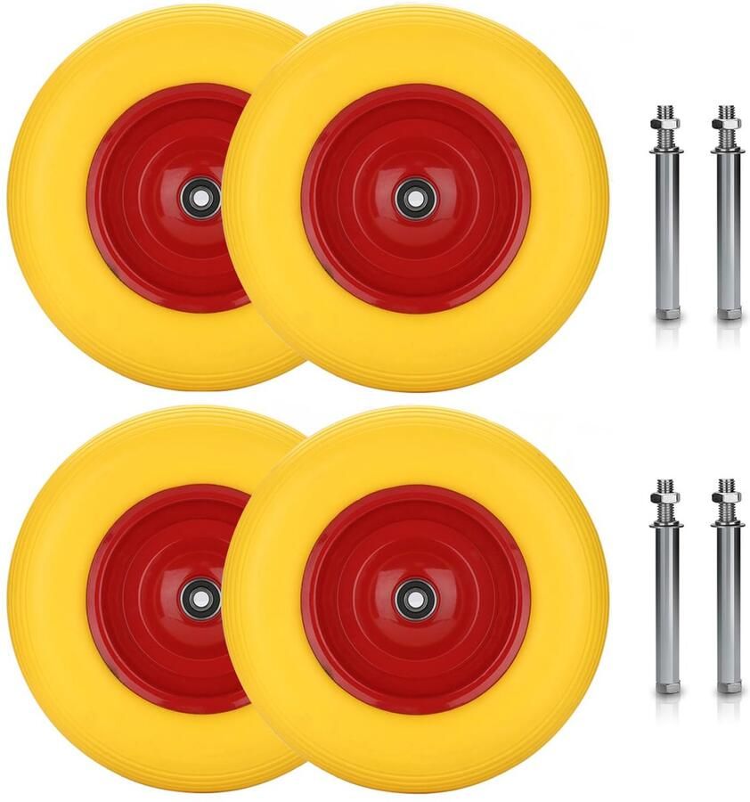 Set van 4 reservewielen 4.80 4.00-8 massief rubber geel-rood 4 massief rubberen wielen Ø 390 mm 4PR tot 200 kg draagkracht voor steekwagen tuinwagen en bolderkar