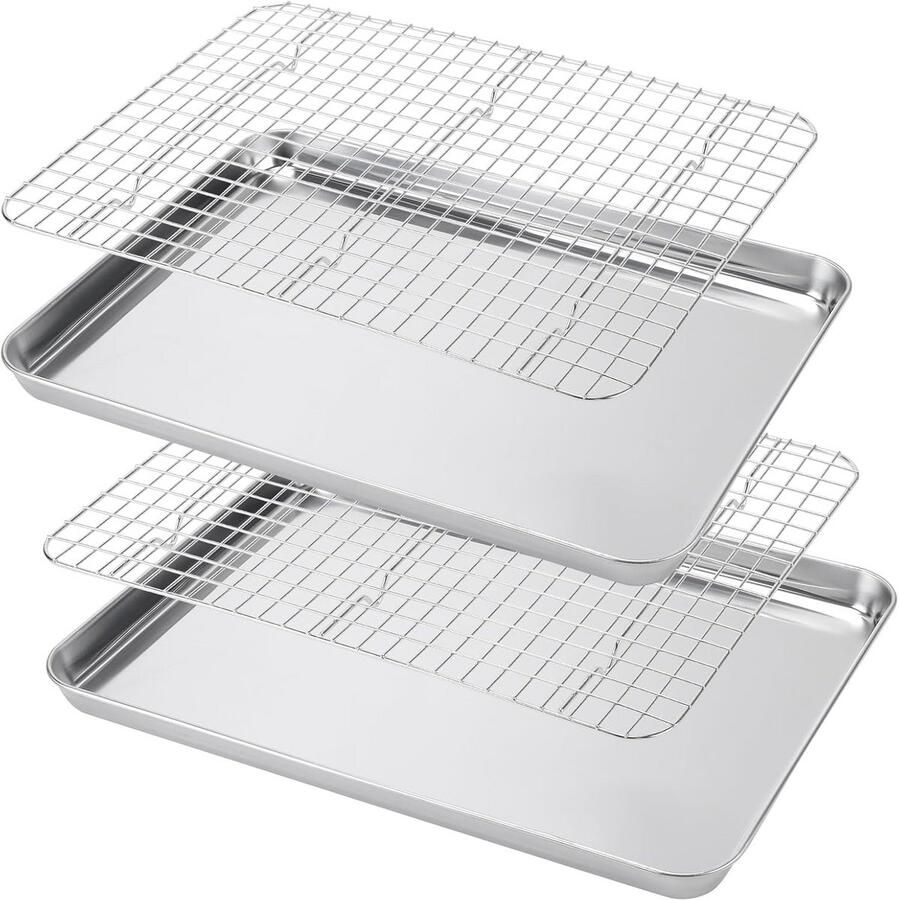 Set van 4 Roestvrijstalen Bakplaten met Afkoelroosters Ovenbestendig en Vaatwasmachinebestendig