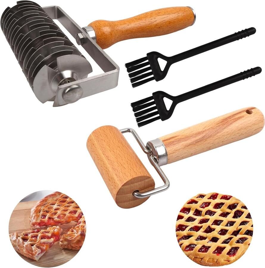 Set van 4 Roltangen met Houten Handvat en RVS Ideaal voor Brood Taart en Pizza Inclusief Snijder en Reiniger