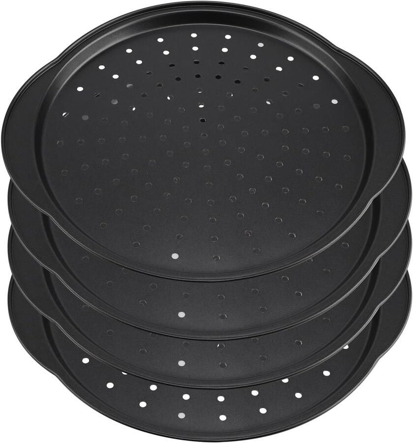 Set van 4 ronde 30 cm pizza platen voor oven anti-aanbak pizza pannen met gaten en handvat voor perfecte pizza's