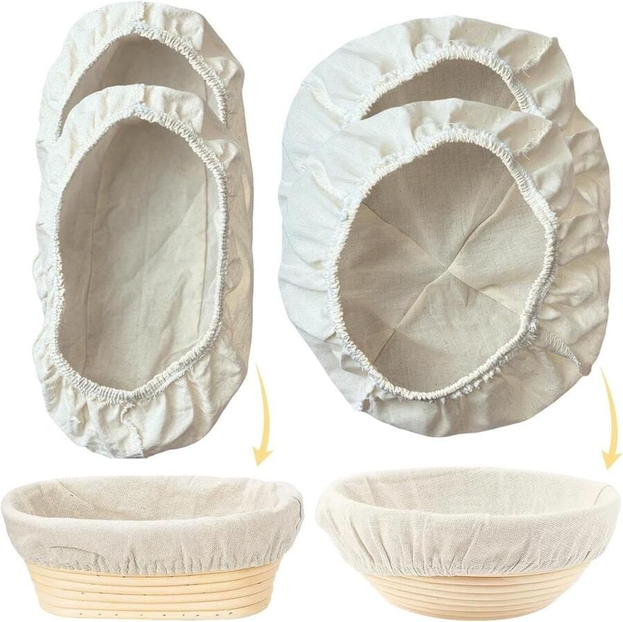Set van 4 ronde en ovale rijsdoeken – Ademende linnen hoezen voor rijsmandjes met elastische rand – Ideaal voor thuisbakkers en professionele bakkerijen perfect voor brooddeeg en pizzadeeg