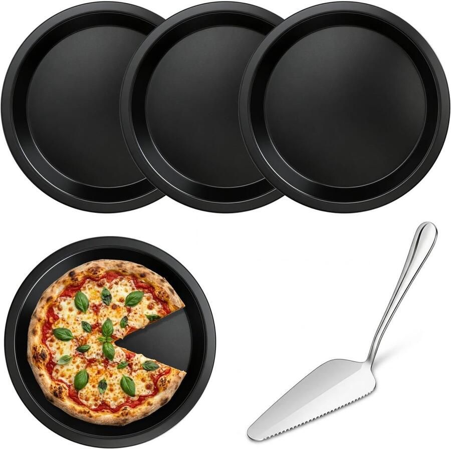Set van 4 ronde pizza bakvormen van 16 cm anti-aanbak mini pizza platen ideaal voor pizza taart en cheesecake inclusief taartsnijder voor oven en snacks
