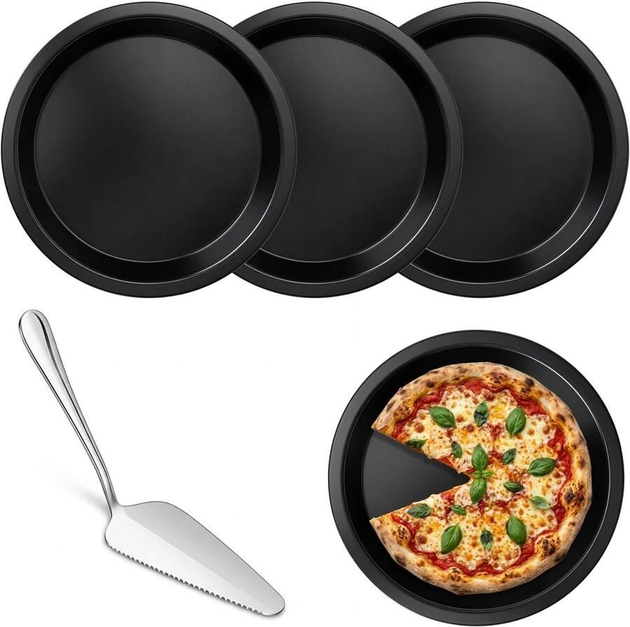 Set van 4 ronde pizza bakvormen van 16 cm koolstofstaal anti-aanbak ideaal voor pizza taart en cheesecake inclusief taartmes perfect voor de oven en snacks