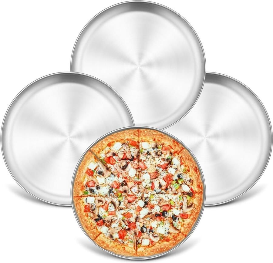 Set van 4 Ronde Pizza Bakvormen van RVS 26 cm Pizza Pannen voor Oven Gezond en Duurzaam Makkelijk te Reinigen en Vaatwasmachinebestendig